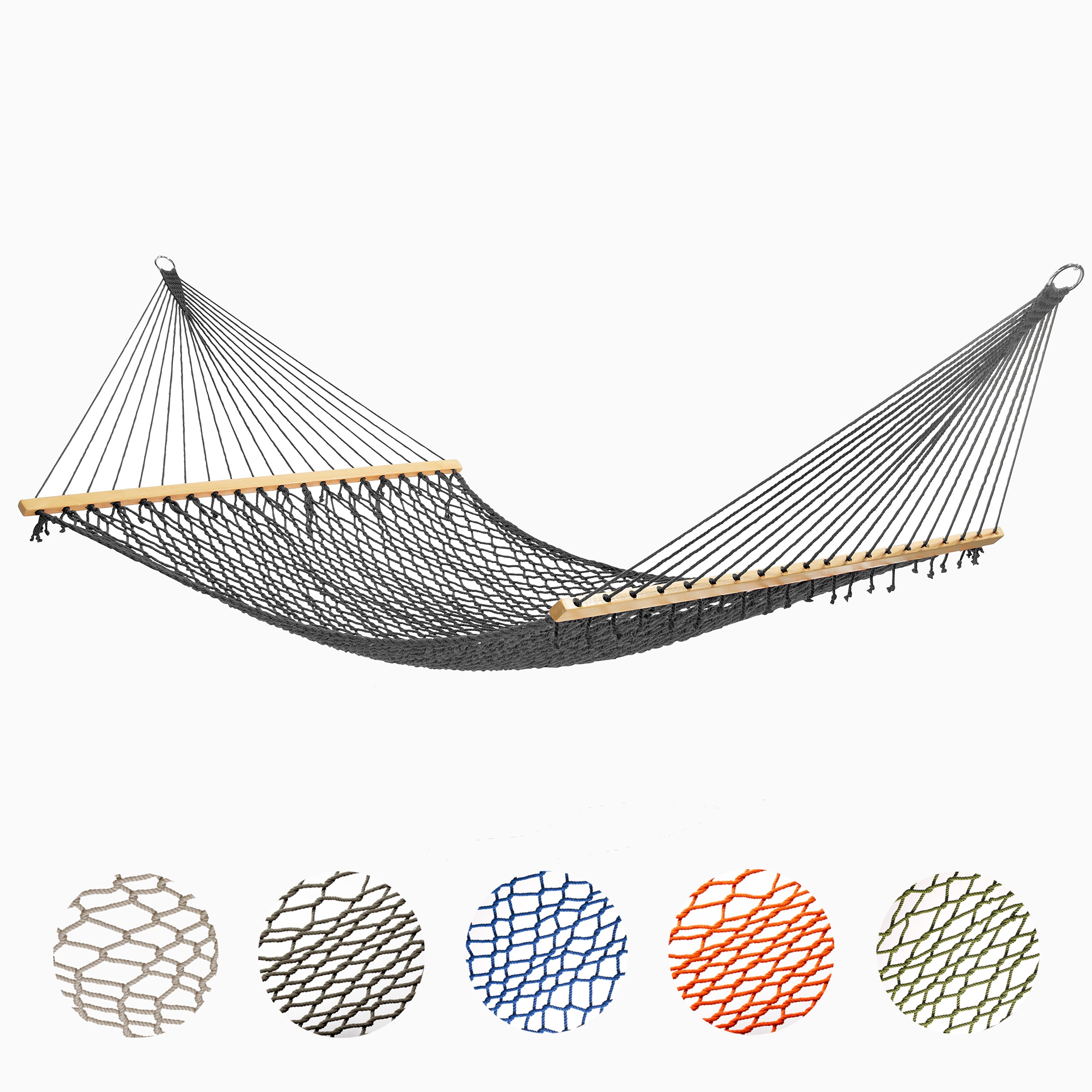Full view of charcoal rope hammock above a row of rope color swatches
